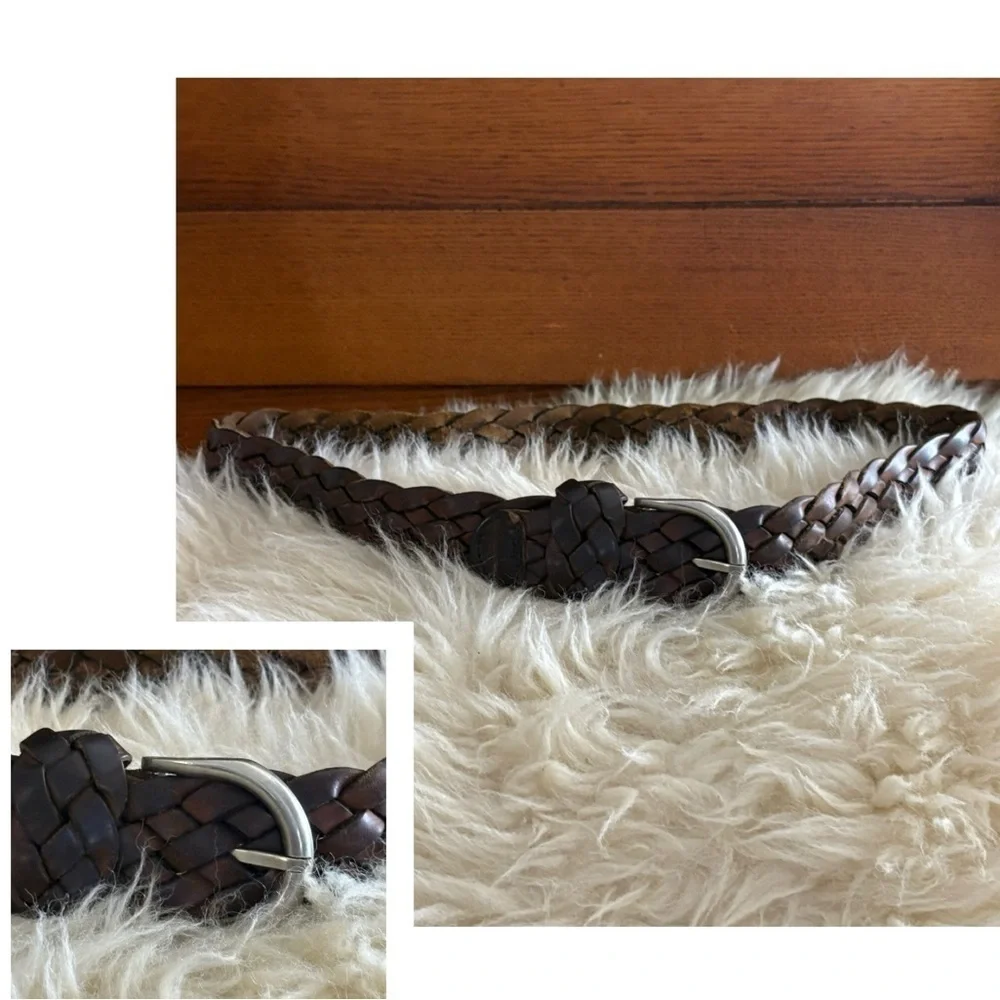 Braided Brown Leather Adjustable Belt with Silver Buckle Unisex